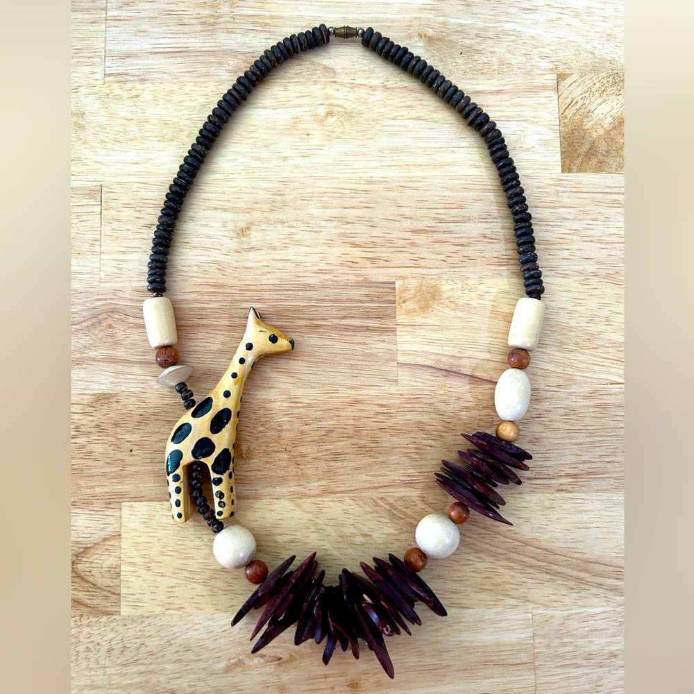 African Wooden Bead Giraffe Necklace